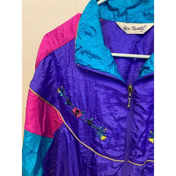 Vintage 80's Two Twenty Floral Embroidered Bright 80's Nylon Windbreaker Large - Picture 6 of 8